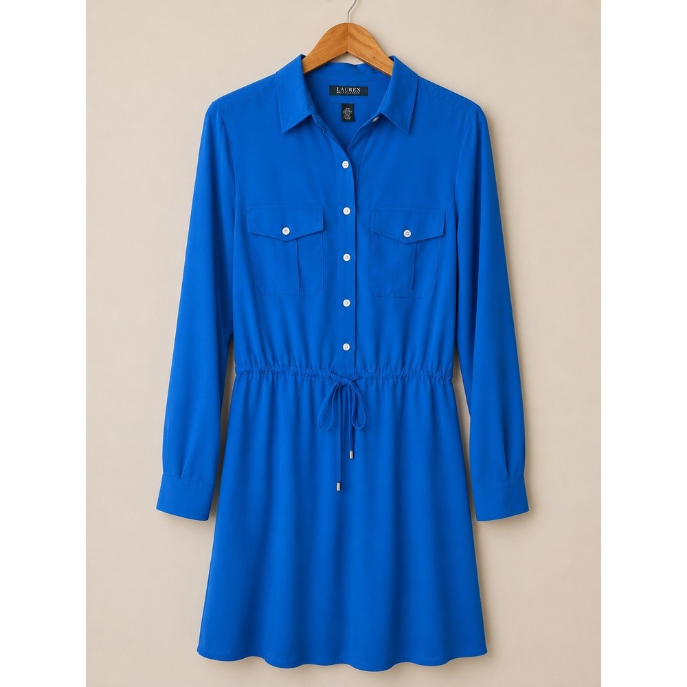 Lauren Ralph Lauren Dress 10P Blue Shirt Dress Drawstring Waist Career Petite